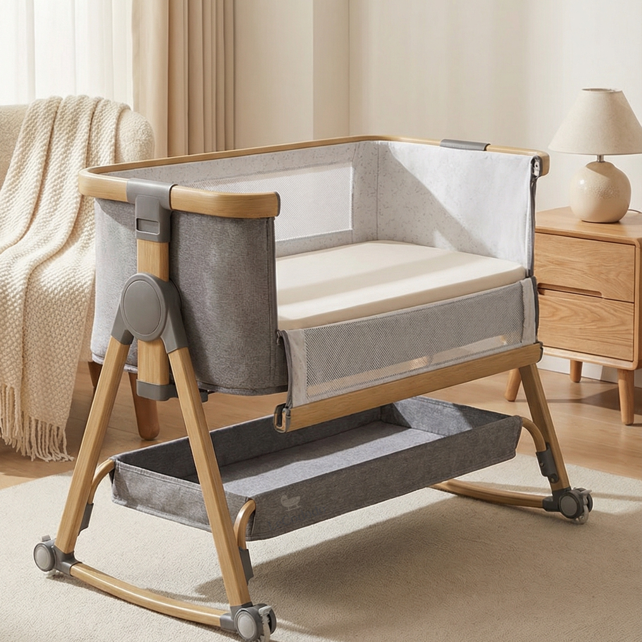 LeCododo B-Confort Premium — Berceau Cododo à Roulettes, Bascule & Rangement (Hauteur Réglable)