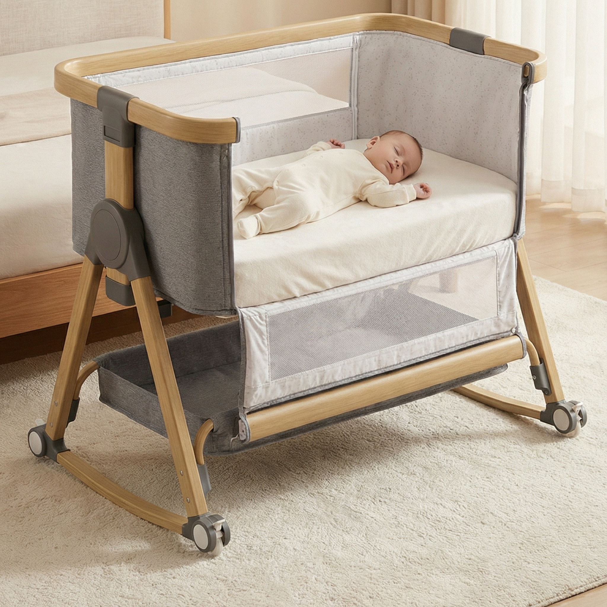 LeCododo B-Confort Premium — Berceau Cododo à Roulettes, Bascule & Rangement (Hauteur Réglable)