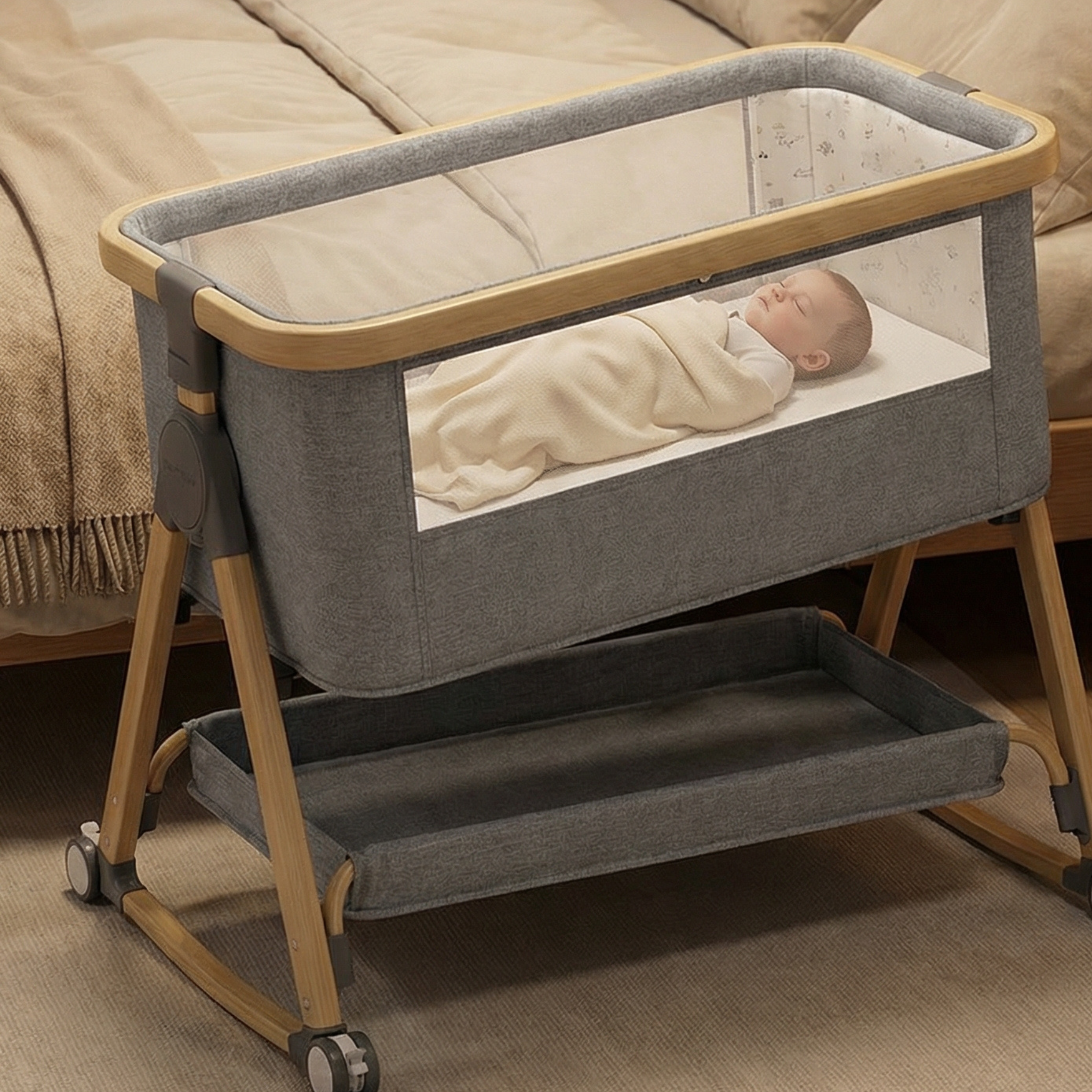 LeCododo B-Confort Premium — Berceau Cododo à Roulettes, Bascule & Rangement (Hauteur Réglable)
