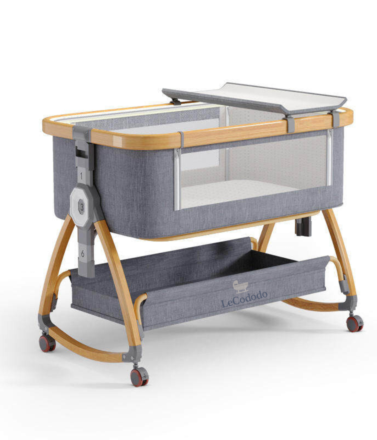 LeCododo B-Confort Premium — Berceau Cododo à Roulettes, Bascule & Rangement (Hauteur Réglable)