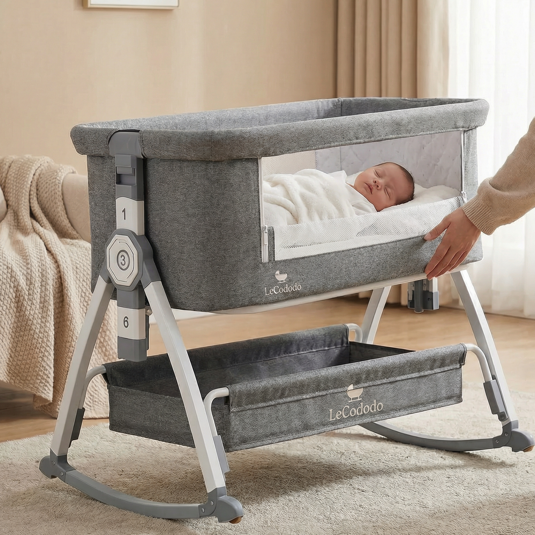 LeCododo B-Confort Premium — Berceau Cododo à Roulettes, Bascule & Rangement (Hauteur Réglable)