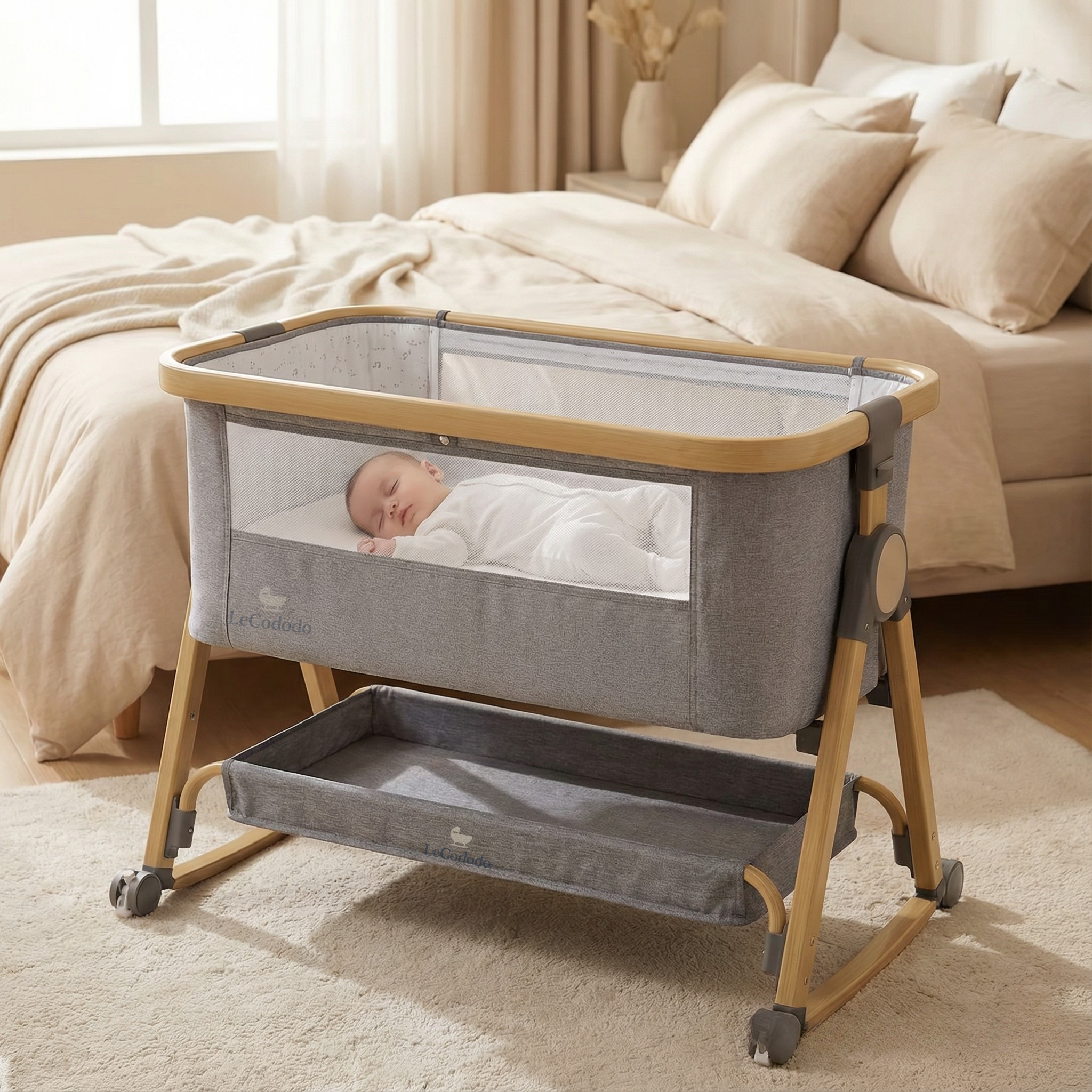 LeCododo B-Confort Premium — Berceau Cododo à Roulettes, Bascule & Rangement (Hauteur Réglable)