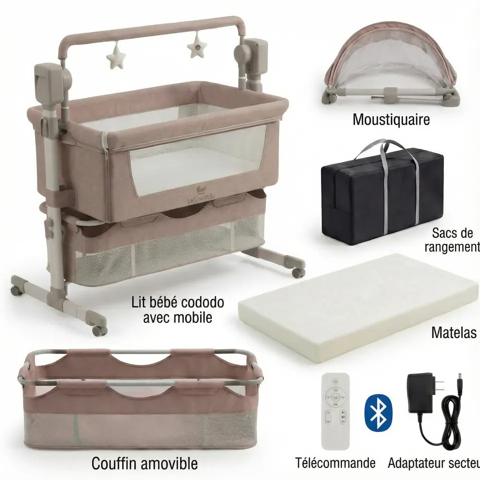 Contenu de la boîte : berceau, couffin, matelas, moustiquaire, sac, télécommande, adaptateur