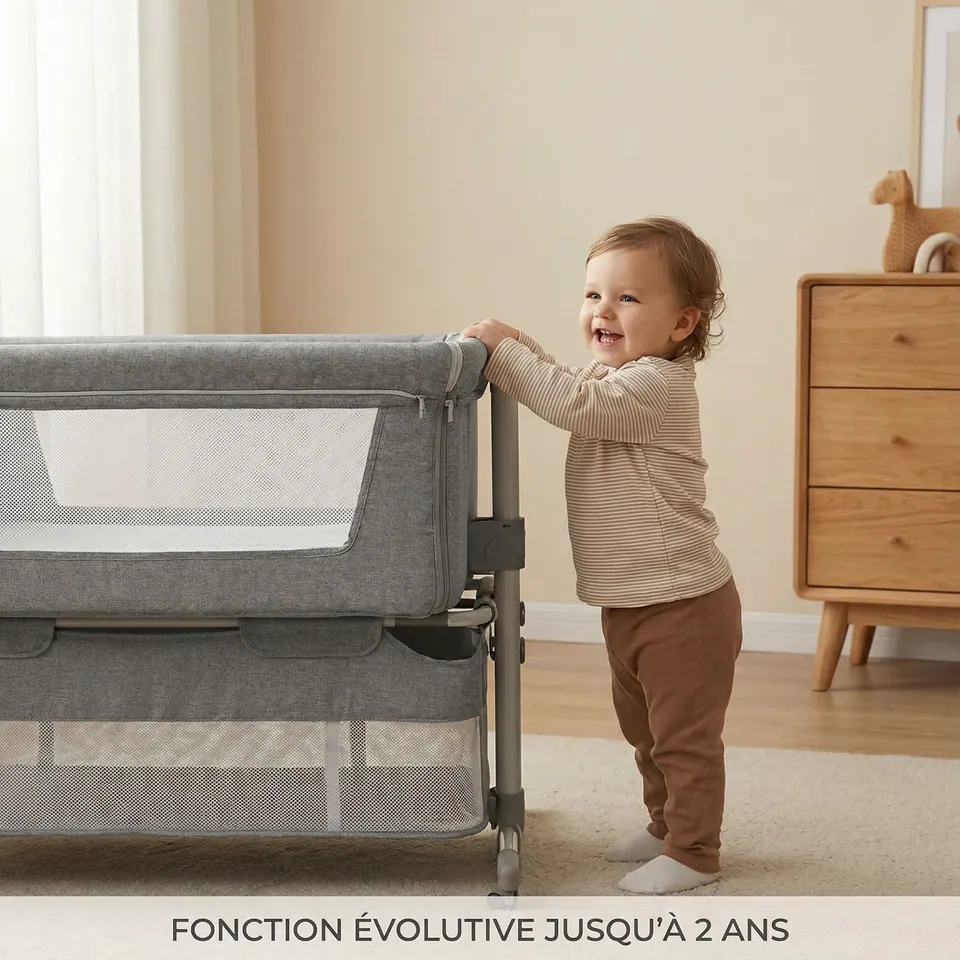 Enfant debout dans le berceau LeCododo utilisé en mode lit