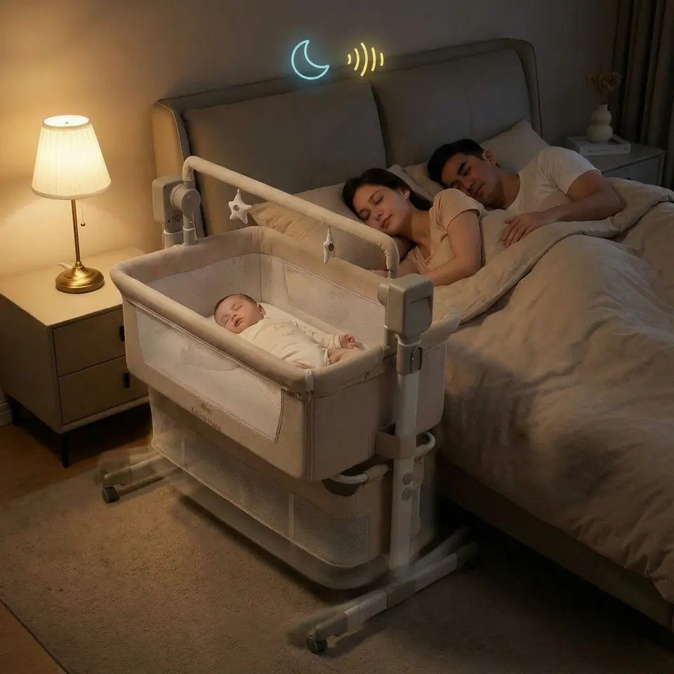 Parents asleep next to the LeCododo bedside crib at night