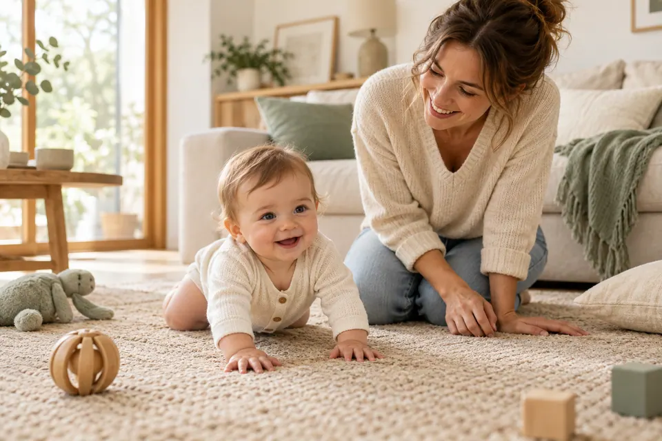 Bébé souriant, à hauteur du sol