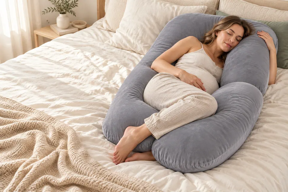 Future maman endormie avec son coussin de grossesse