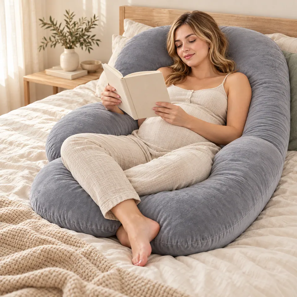 Future maman qui lit au lit, soutenue par le coussin en G