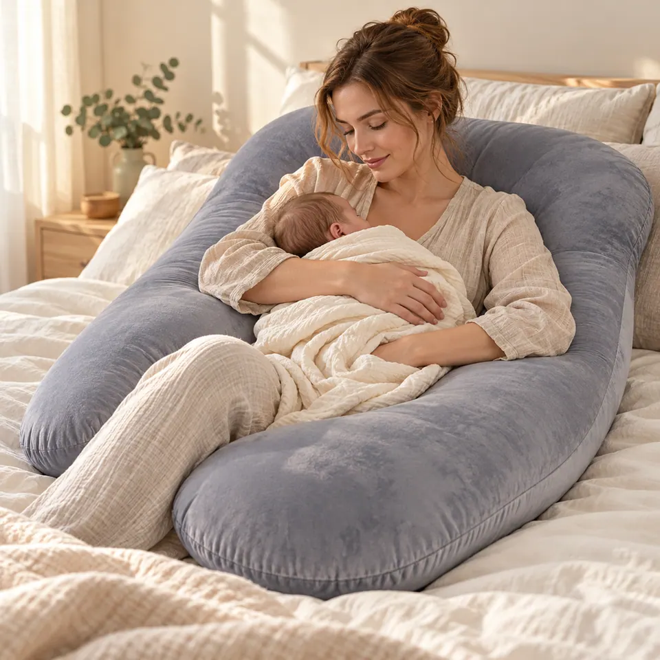 Maman qui allaite son bébé dans ses bras, l’avant-bras posé sur le coussin en G