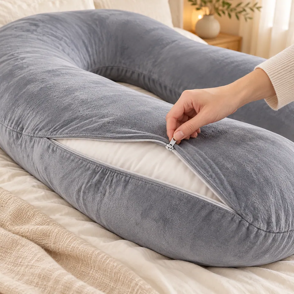 Housse du coussin de grossesse ouverte grâce à sa fermeture éclair