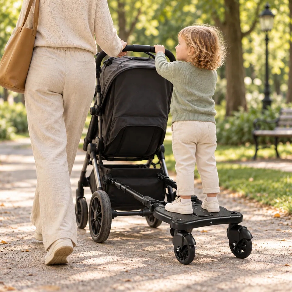 Enfant debout sur la planche, les mains sur le guidon, au parc